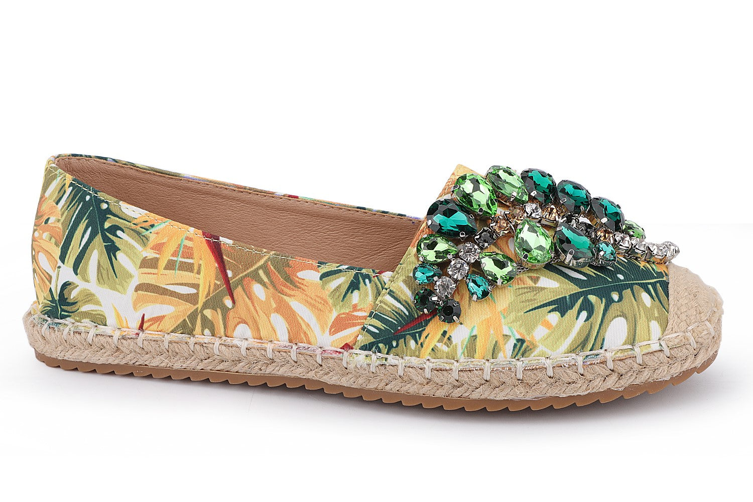 ESPI ESPADRILLE FLATS WITH GREEN RHINESTONE EMBELLISHMENTS