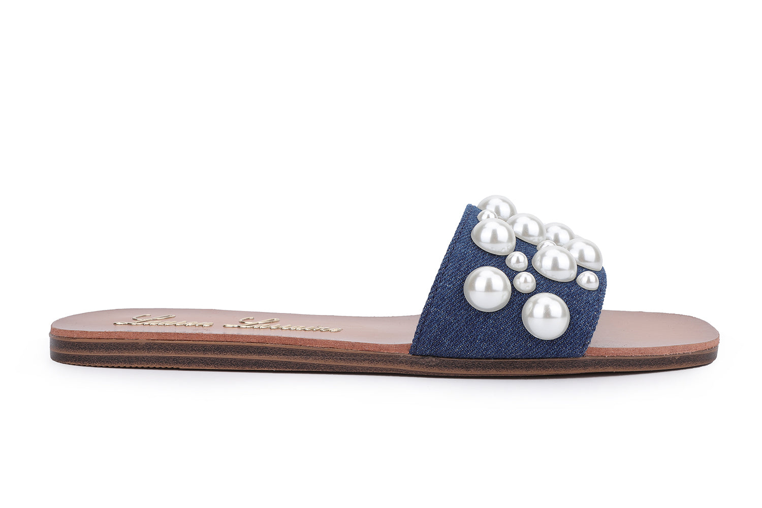 NILO SPARKLING SLIDE ON FLAT SANDAL WITH PEARL DETAILING