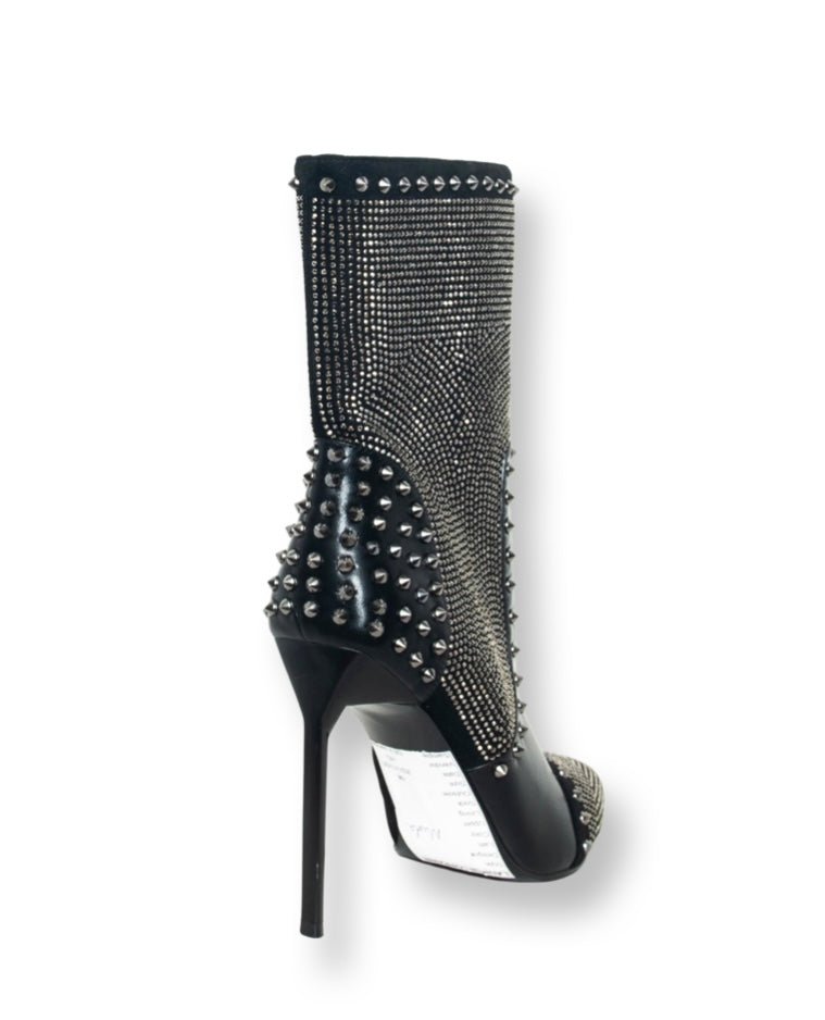 CHICAGO BLACK LEATHER STILETTO HIGH HEEL ANKLE BOOTIES WITH SPARKLING RHINESTONE & STUDS