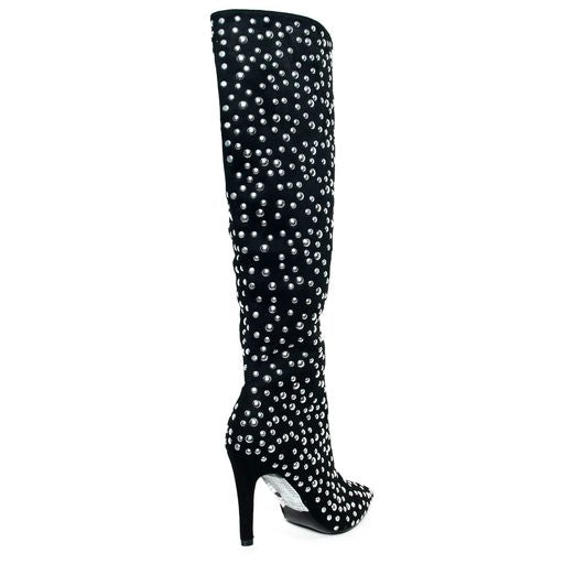 HADDIE POINTY TOE BLACK HIGH HEEL BOOTS BOOTIES WITH STUDDED DETAILS