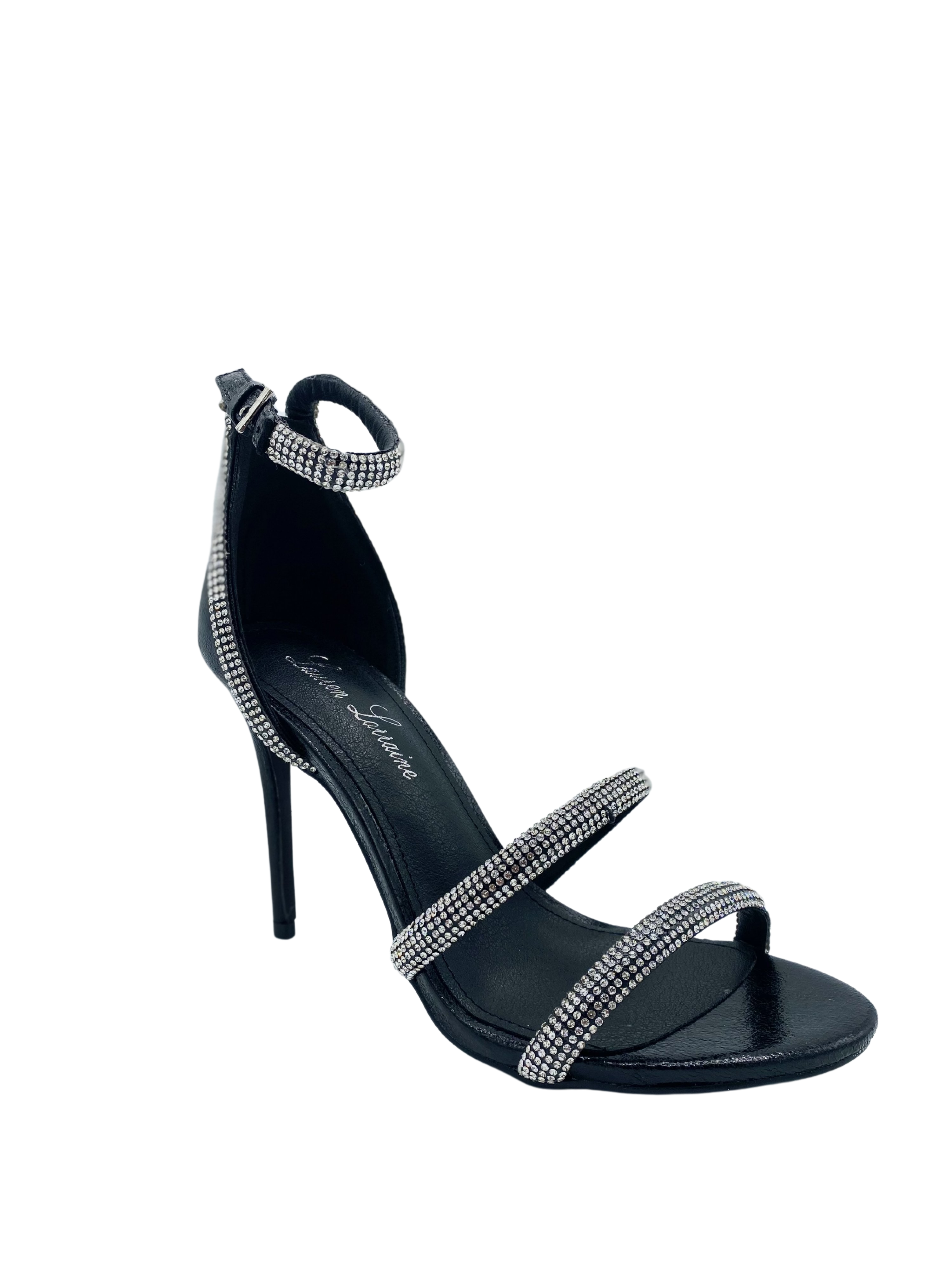 DRIA HIGH HEEL ANKLE STRAP OPEN TOE SANDAL WITH CRYSTAL DETAILING