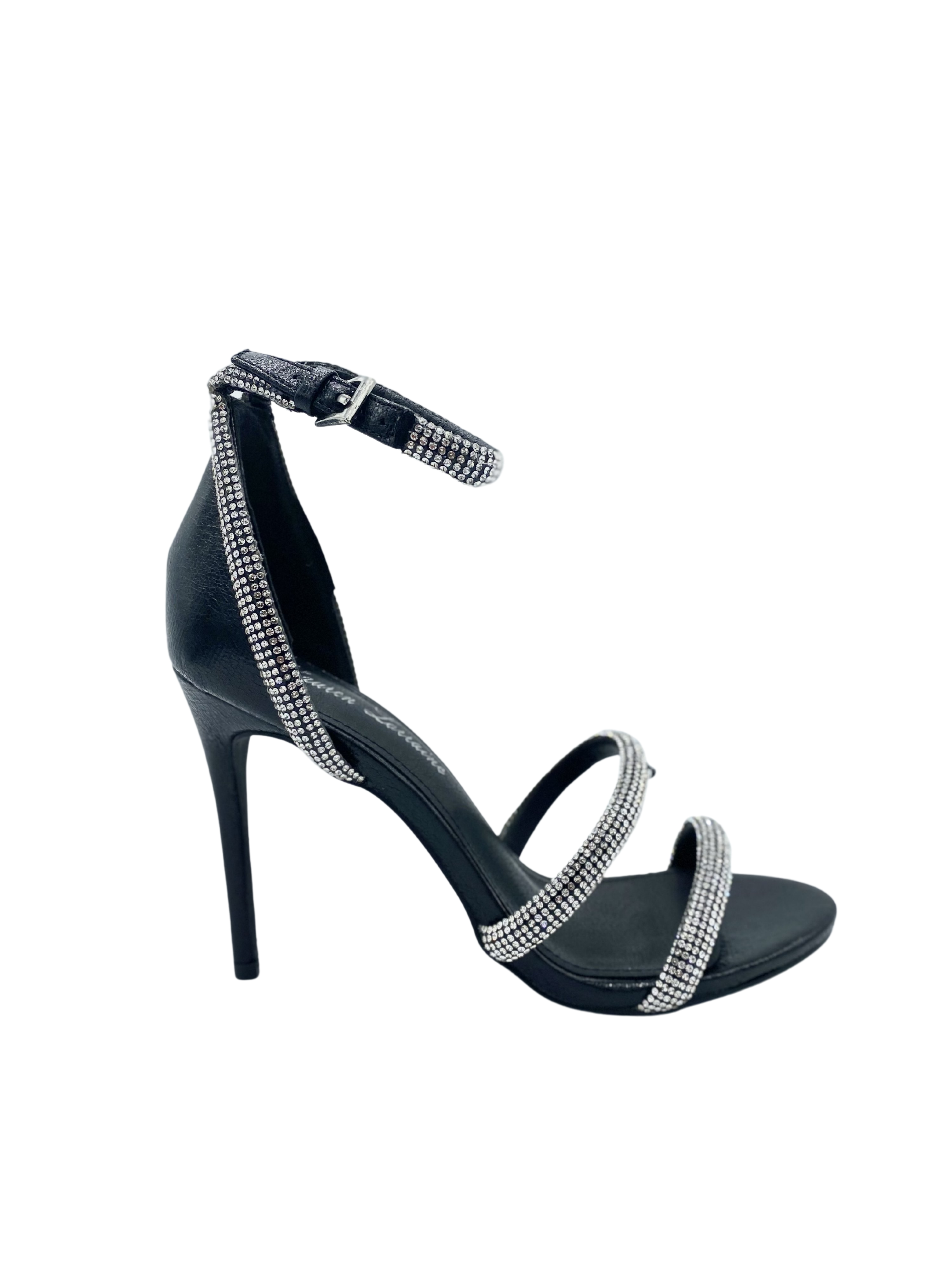 DRIA HIGH HEEL ANKLE STRAP OPEN TOE SANDAL WITH CRYSTAL DETAILING