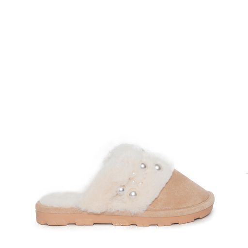 CALLIE FAUX FUR FLAT SLIPPER WITH PEARL DETAILING