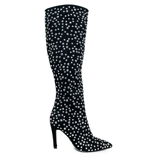 HADDIE POINTY TOE BLACK HIGH HEEL BOOTS BOOTIES WITH STUDDED DETAILS