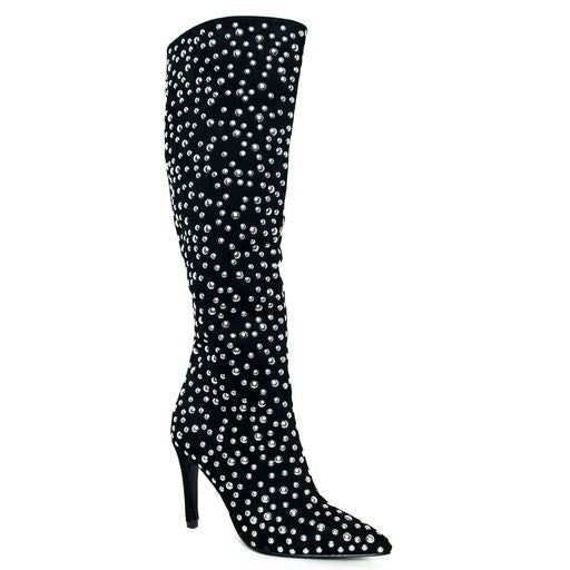 HADDIE POINTY TOE BLACK HIGH HEEL BOOTS BOOTIES WITH STUDDED DETAILS