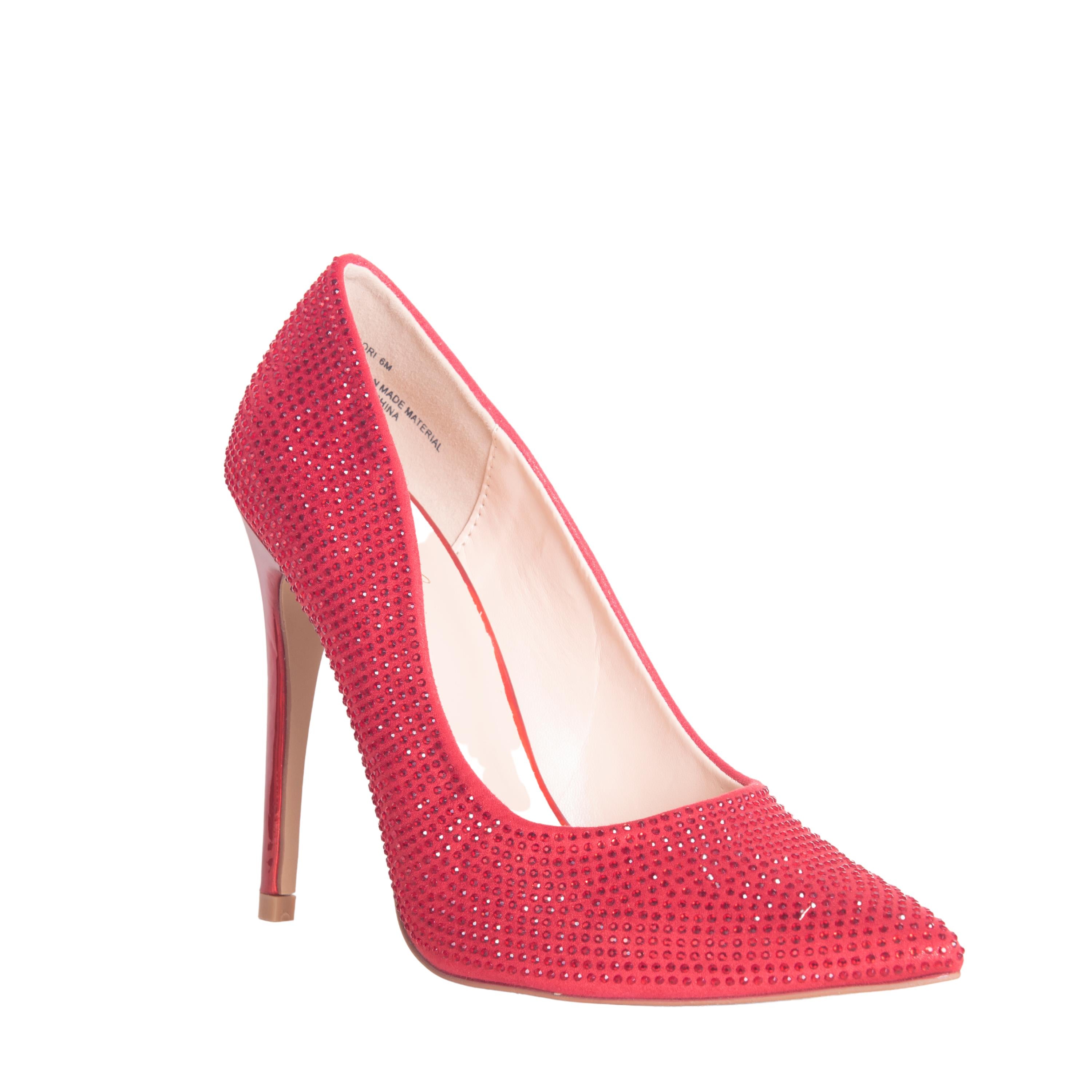 DORI RED HIGH HEEL POINTED TOE PUMPS WITH SPARKLING RHINESTONES