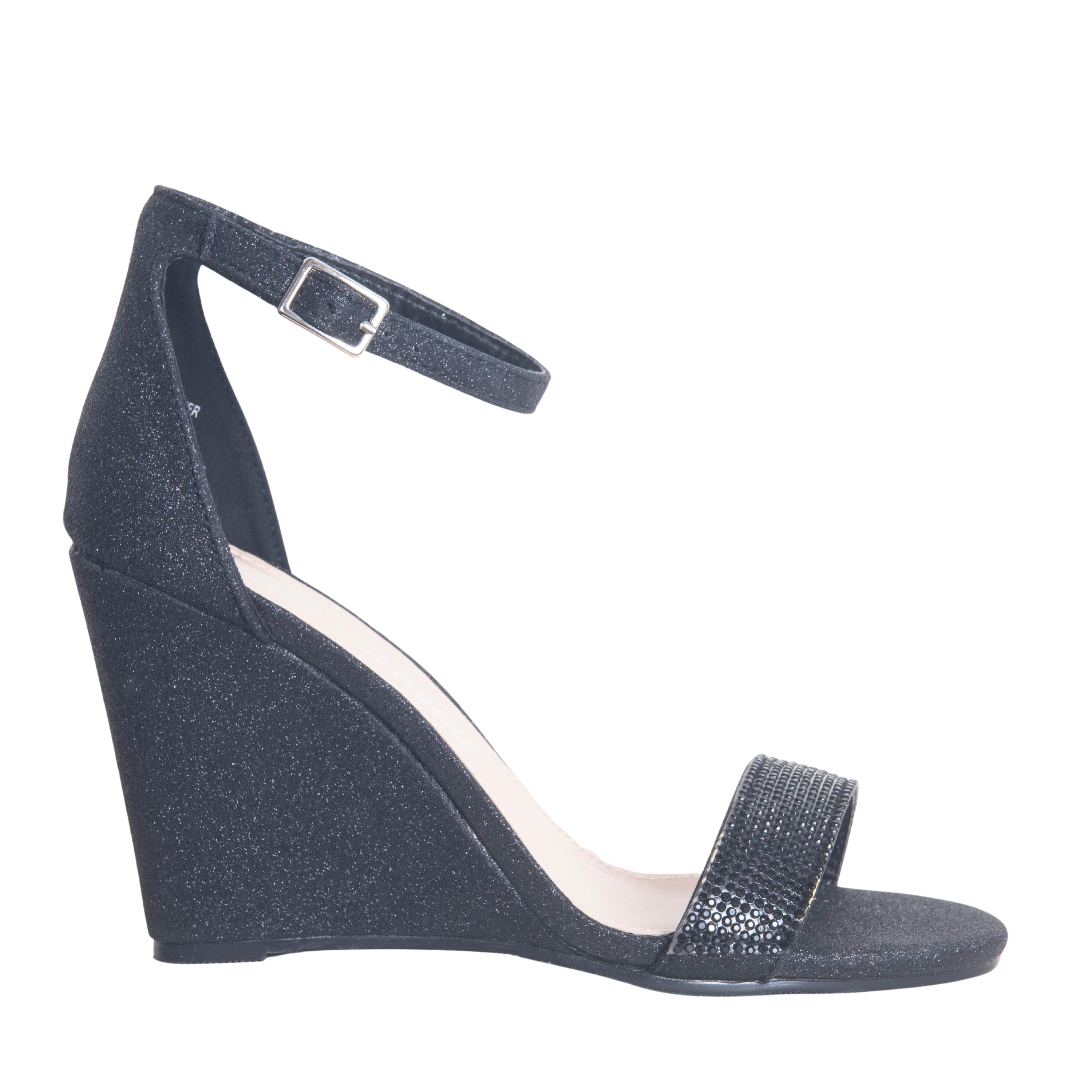 SHIMMER BLACK AND SILVER WEDGE SANDAL WITH RHINESTONE DETAILING